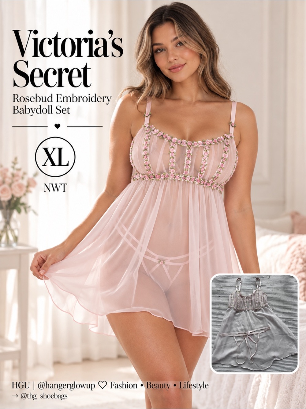 Victoria’s Secret Rosebud Embroidered Babydoll Lingerie Set Blush Pink XL NWT